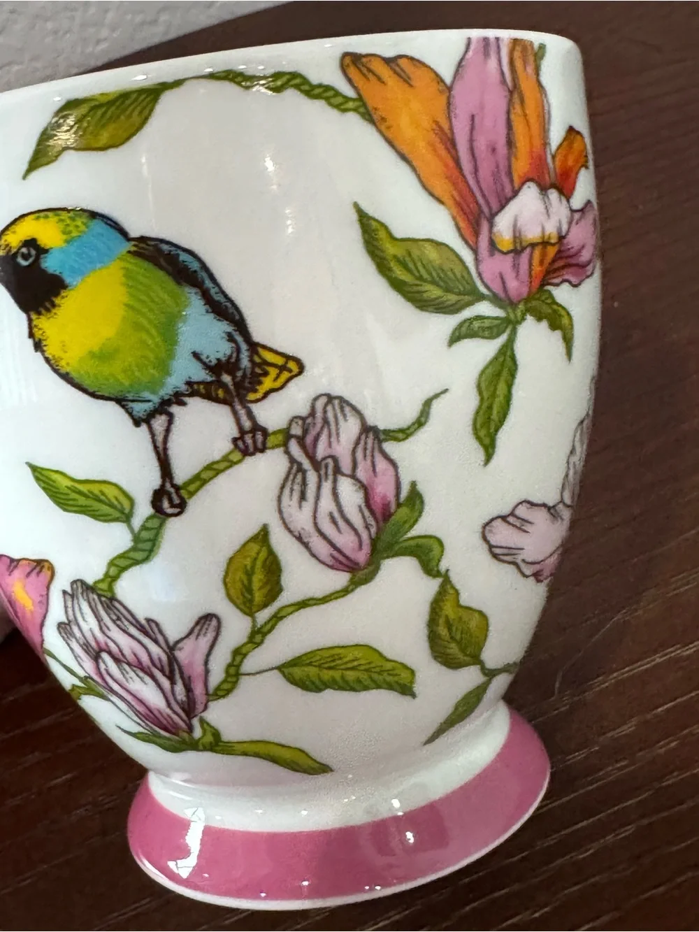 The English Mug Company Floral Bird Coffee & Tea Cup in White with Pink